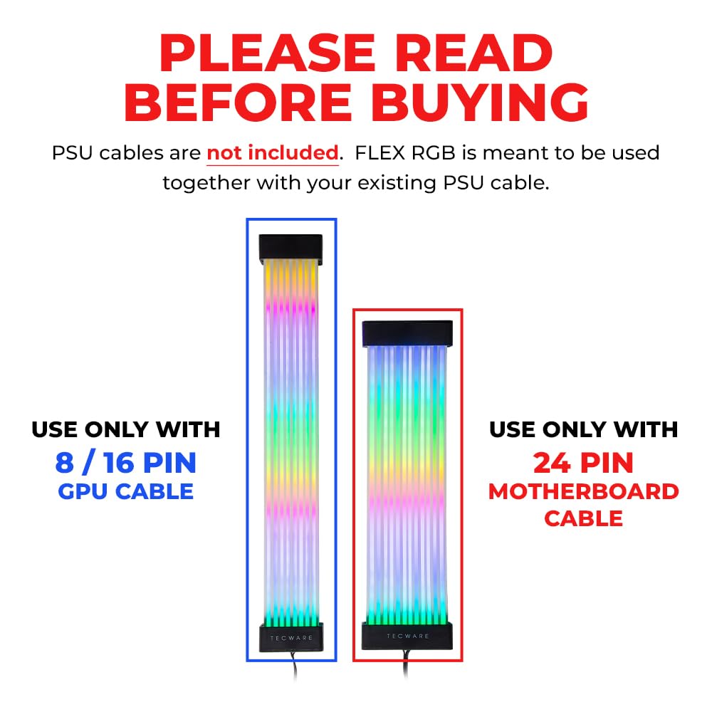 TECWARE Flex RGB Cable Cover Kit | Compatible with 24-Pin Motherboard and 8-Pin/16-Pin GPU | ARGB PSU Cable Extension with 5V 3-Pin Sync | RGB Lighting Kit for PC Cables | Black