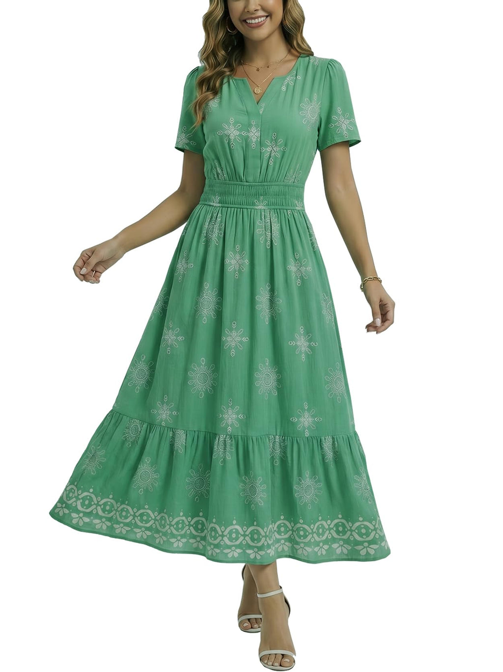 2026 Womens Summer Floral Maxi Dresses V Neck Short Sleeve Boho Casual Flowy Long Wedding Guest Beach Vacation Dress Green