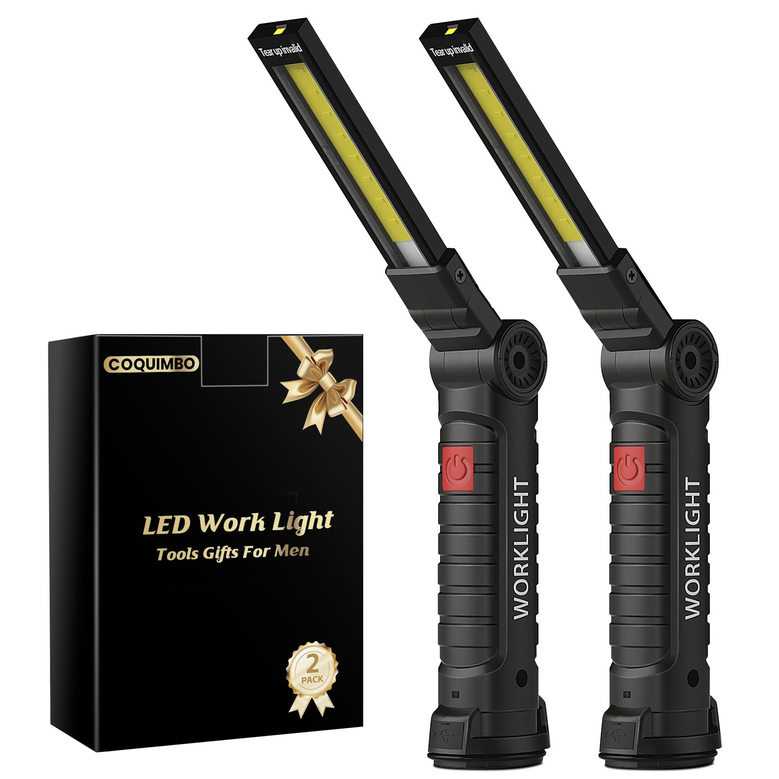 Coquimbo Tool Fathers Day Dad Gifts for Men Him Husband, Rechargeable LED Work Light BBQ Grill with Magnetic Base Hook, 360° Rotate Mechanic Flashlight Mens Easter Birthday Gifts (2 Pack Black)