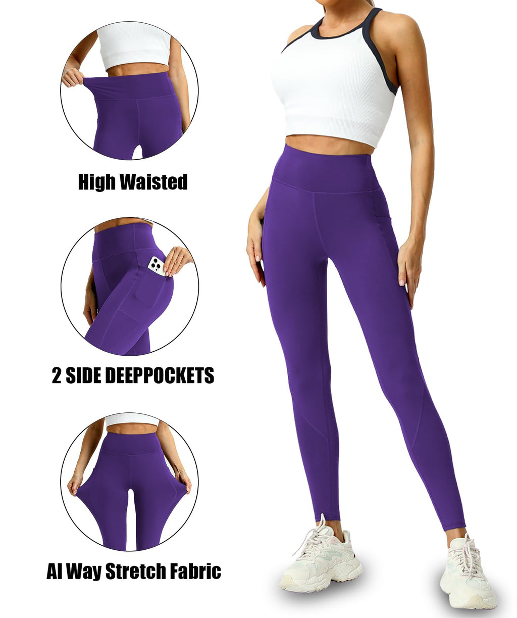 Mlenhor 4 Pack Leggings with Pockets for Women - High Waisted Tummy Control Workout Yoga Pants (US, Alpha, Large, Regular, Regular, 4 Pack-Green/Purple/Blue/Black)