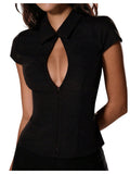 WDIRARA Women's Keyhole Cut Out Ruched Cap Sleeve Collared Sexy Fitted Top Black Medium