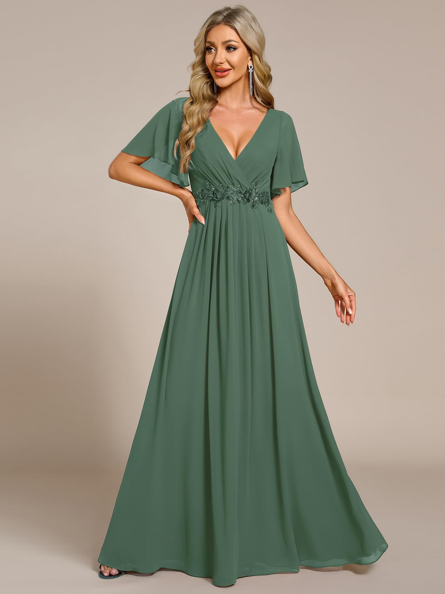 Ever-Pretty Women's Chiffon V-Neck Mother of Bride Dresses A-Line Ruched Short Sleeves Appliques Bridesmaid Dress Formal Gown Eucalyptus Green US12