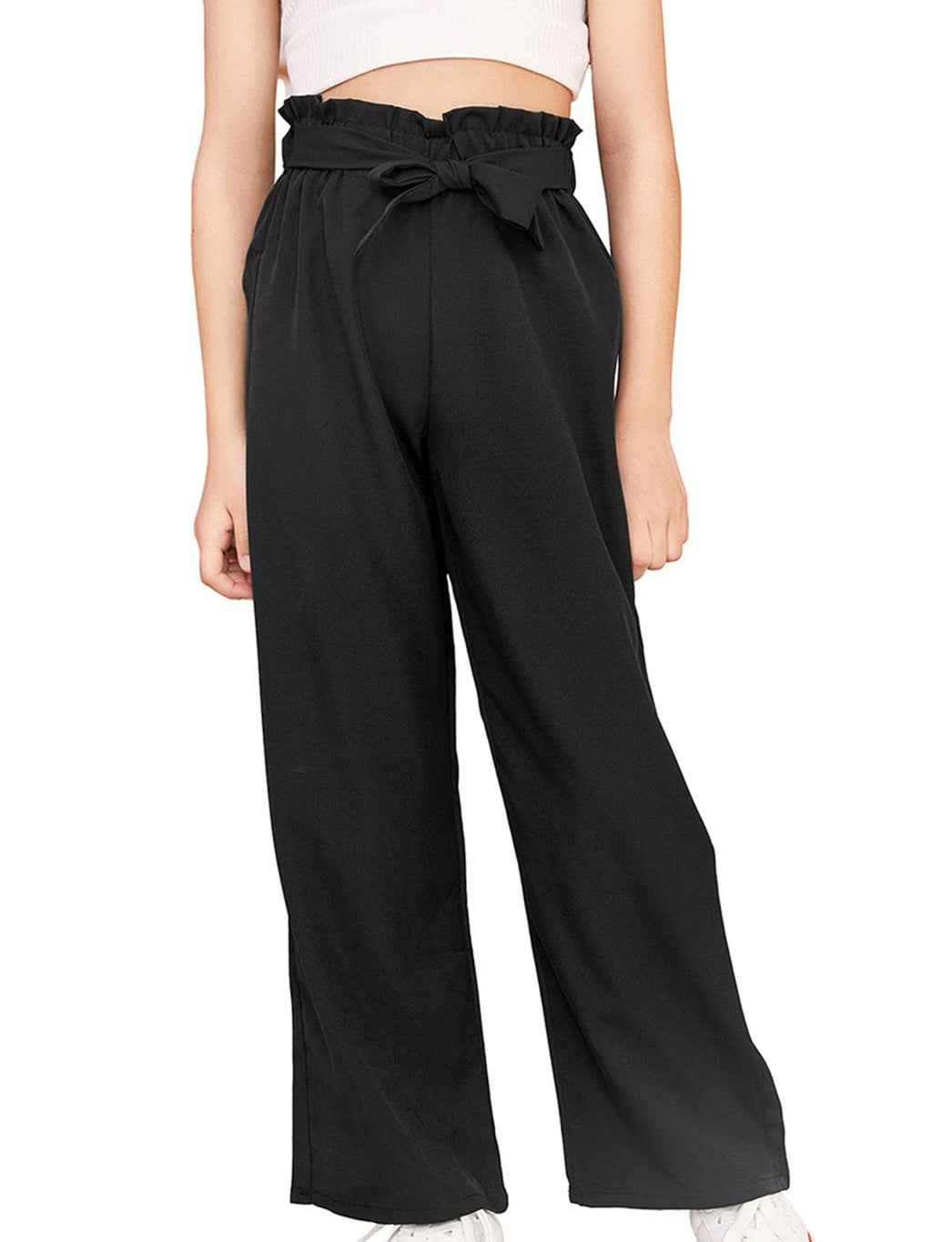 WDIRARA Girl's Paper Bag Waist Belted Wide Leg Pants Casual Elastic High Waist Pants Black 15Y