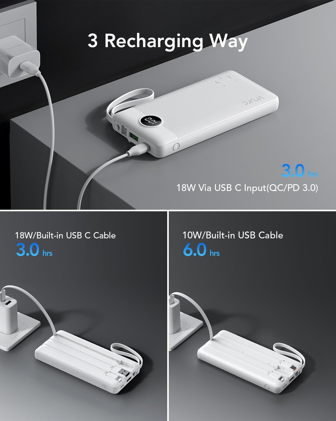 VRURC Power Bank for iPhone, 22.5W Fast Charging Phone Charge with Built-in Cables,10000mAh USB C in & Out Cord Portable Charger,Slim Lightweight Charging Bank Travel Essentail-White(1 Pack)