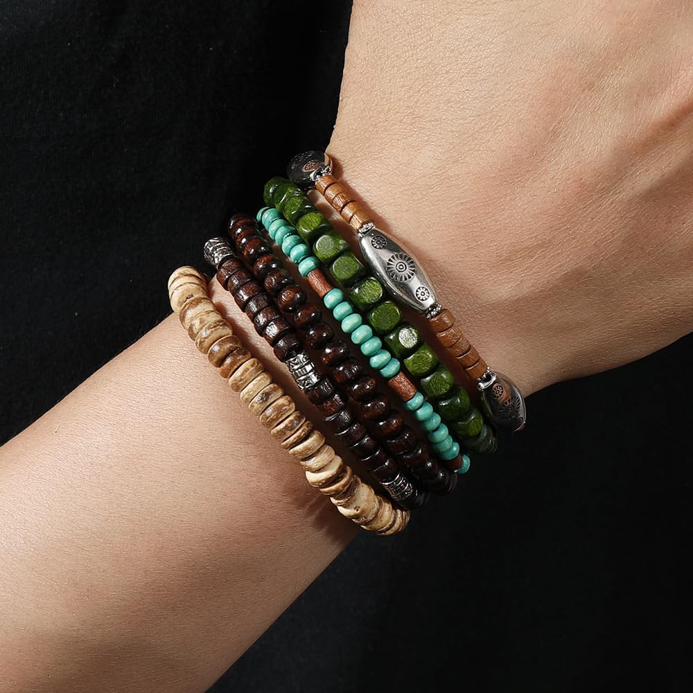 SONNYX 43Pcs Punk Wooden Beads Bracelets Gothic Bracelet for Men Adjustable Vintage Beaded Bracelet Metal Set Wood Bangles Wristbands Commemorative Gift