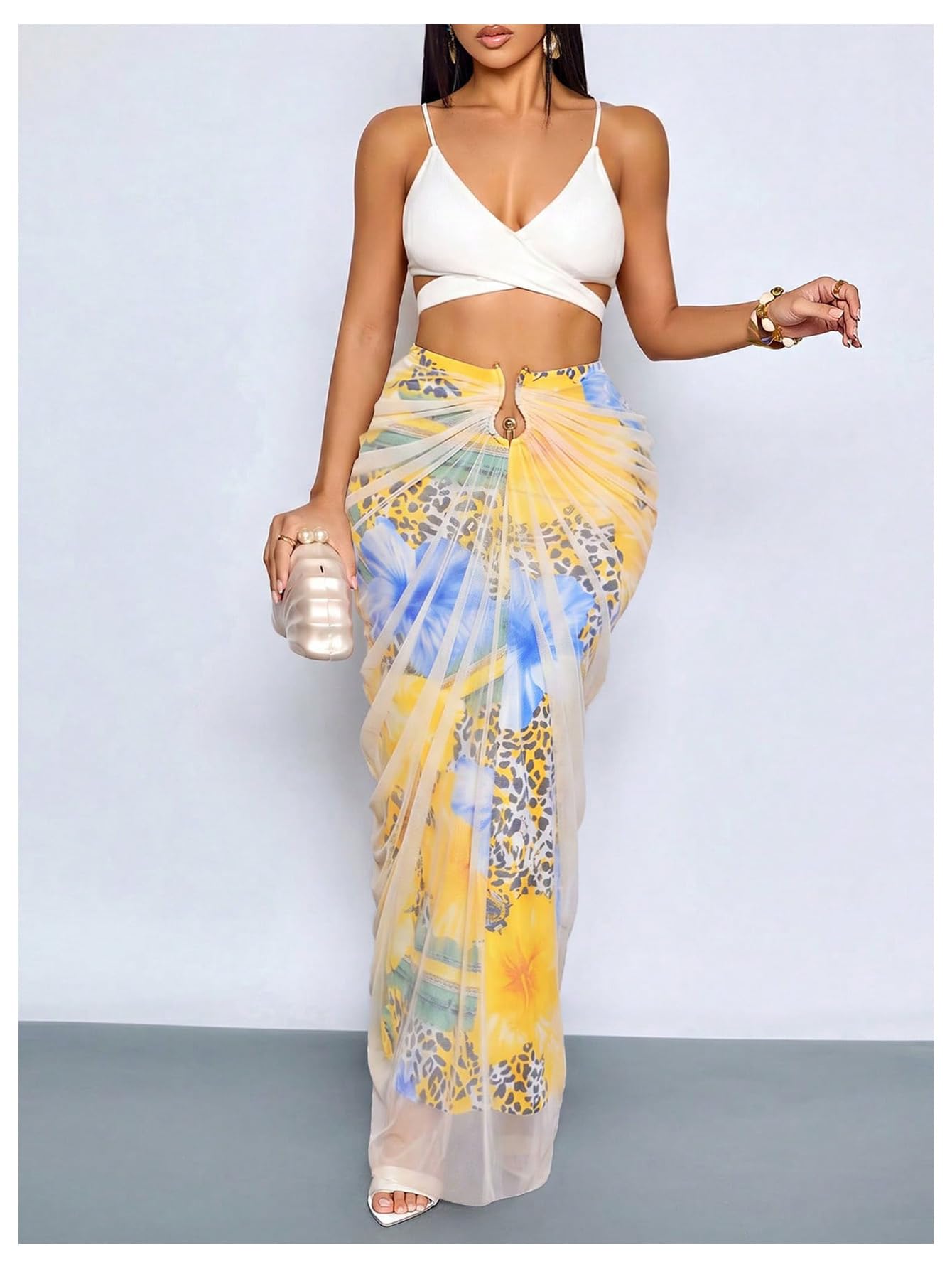 WDIRARA Women's Ruched Bodycon Maxi Skirt Cocktail Party High Waisted Long Fishtail Skirts Pale Yellow Small