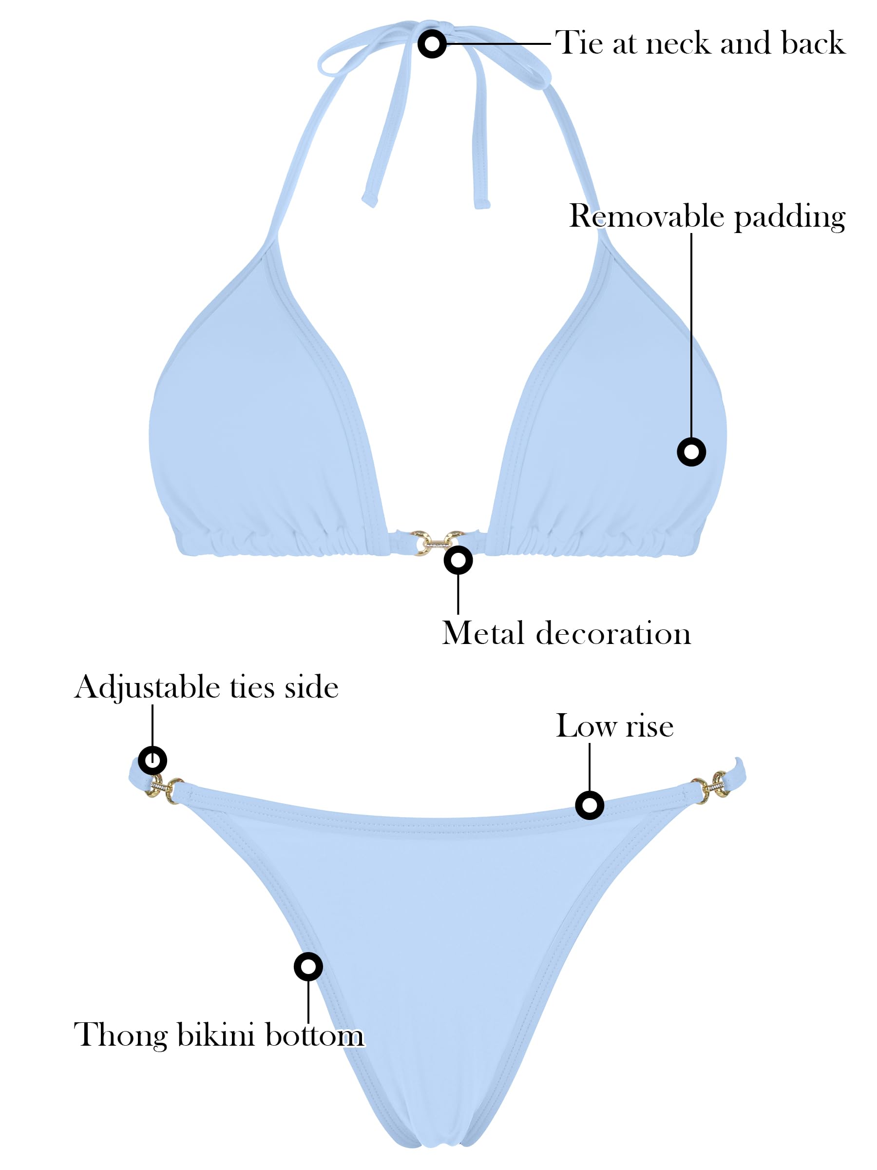 RELLECIGA Women's Thong Bikini Set Triangle Halter Sexy Brazilian Two Piece Swimsuit(Sea Blue,Large