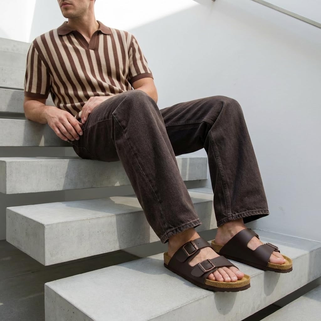 CUSHIONAIRE Lane Cork Footbed Mens Sandals, Adjustable Buckle Comfort Slides for Men, Genuine Leather Insole Summer Sandals Men Footwear, BROWN 13