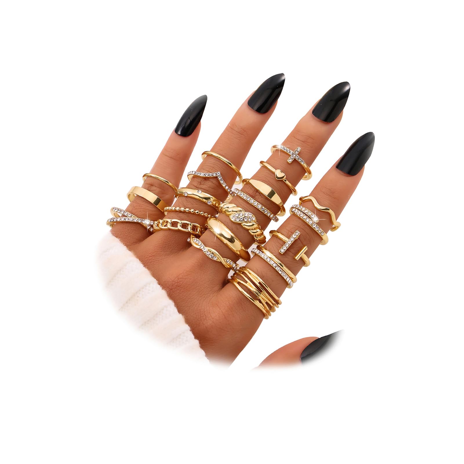 KISS WIFE Gold Silver Black Kunckle Rings Set for Women , Dainty Simple Trendy Cute Stackable Finger Rings Pack, Perfect for Stacking Layering on Thumb and Knuckle, Mixed Size, Jewelry Gift (Gold-Sparkling)