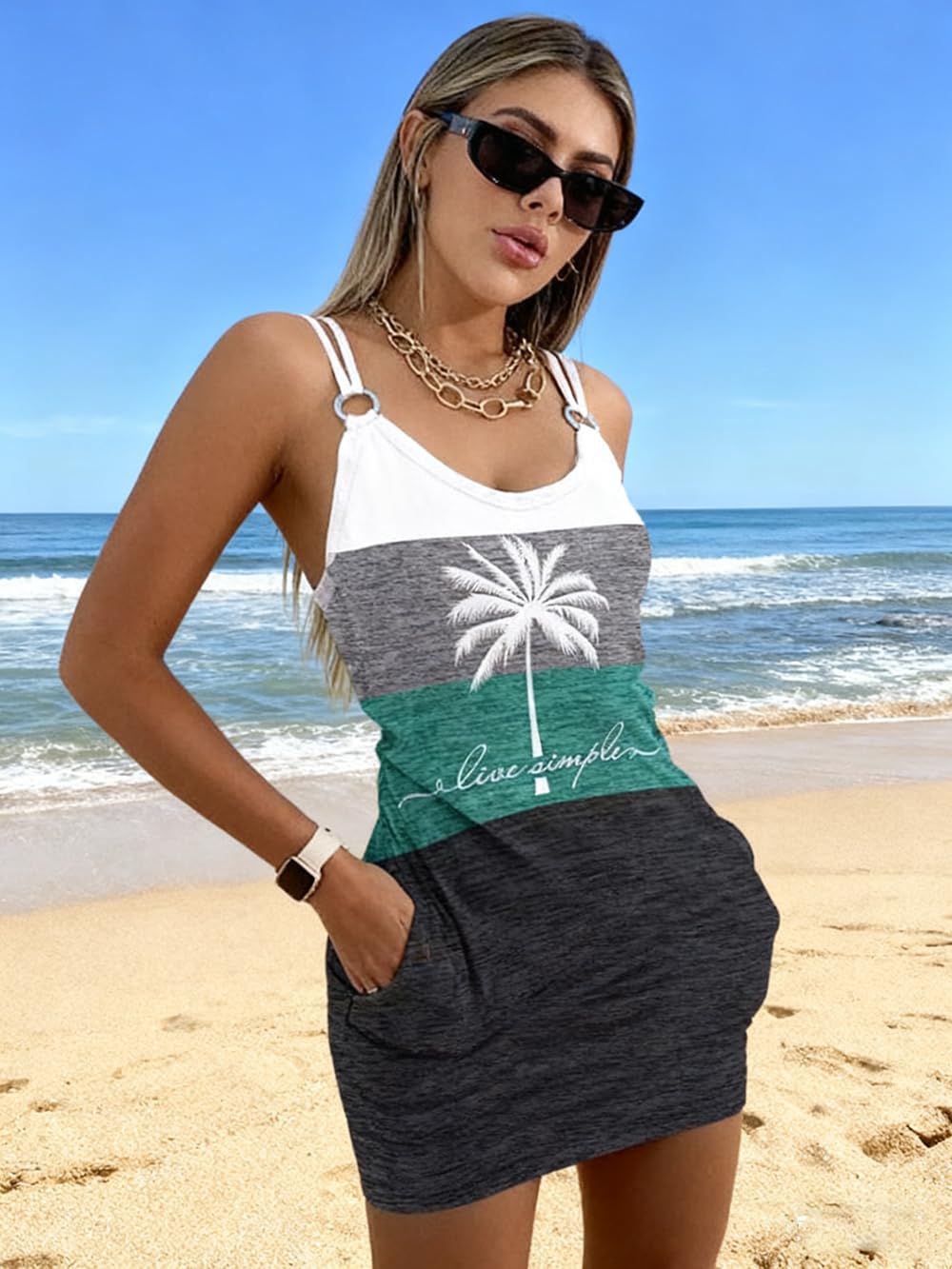 Live Simple Coconut Tree Color Block Mini Dress for Women Summer Beach Vacation Tank Dresses Sleeveless Short Dress(Large,Multicolor)