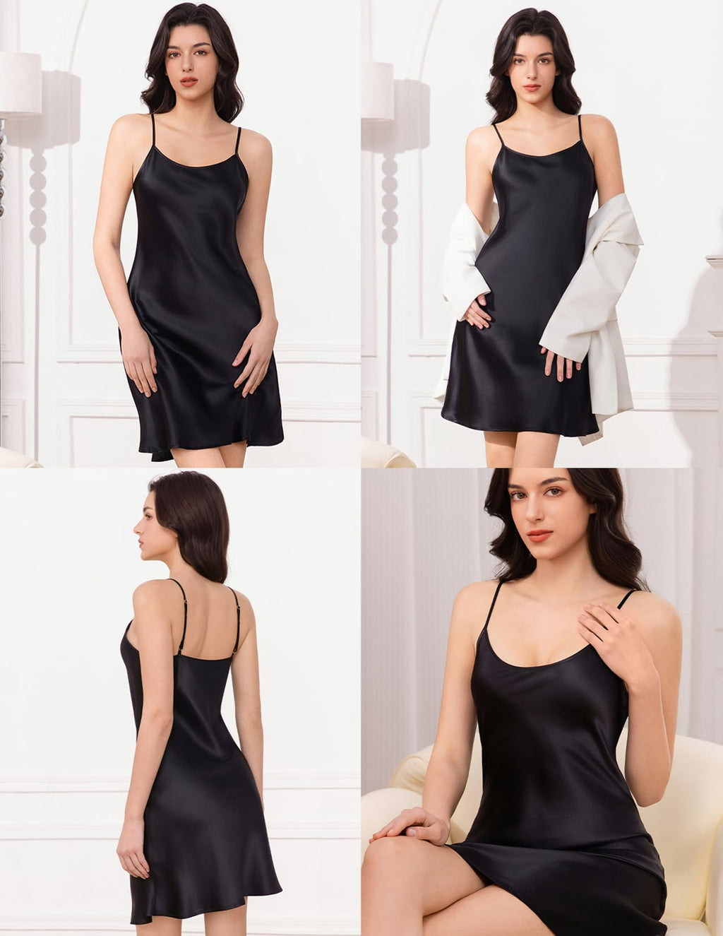 THXSILK Women's Sexy Silk Nightgown, 6A Top Grade 100% Mulberry Silk Sleepwear Round Neck Spaghetti Strap Chemise Short Slip Dress (XX-Large Size, Black)