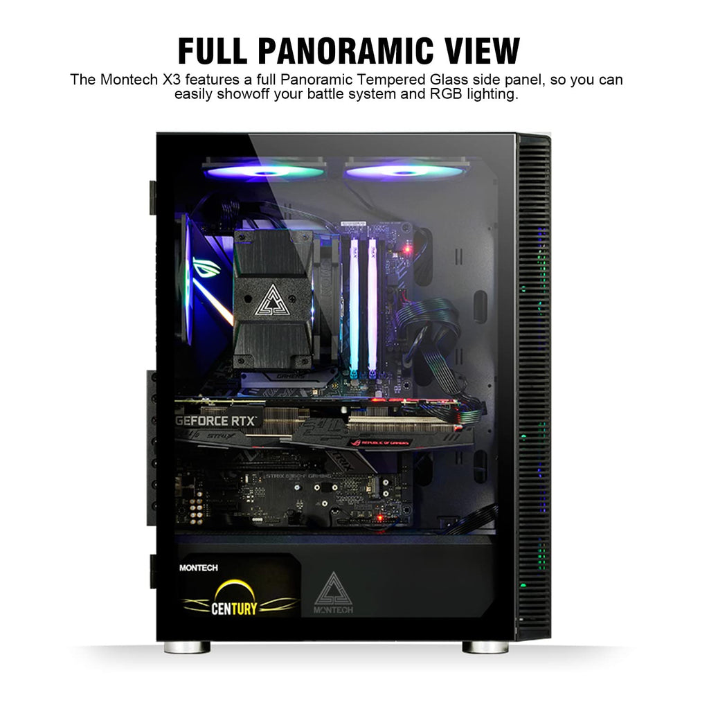 Montech X3 Mesh, 6 Fans - 3X 140mm & 3X 120mm Fixed RGB Lighting Fans, ATX Mid-Tower PC Gaming Case, USB3.0, Door Open Tempered Glass Side Panel, High Airflow, Black