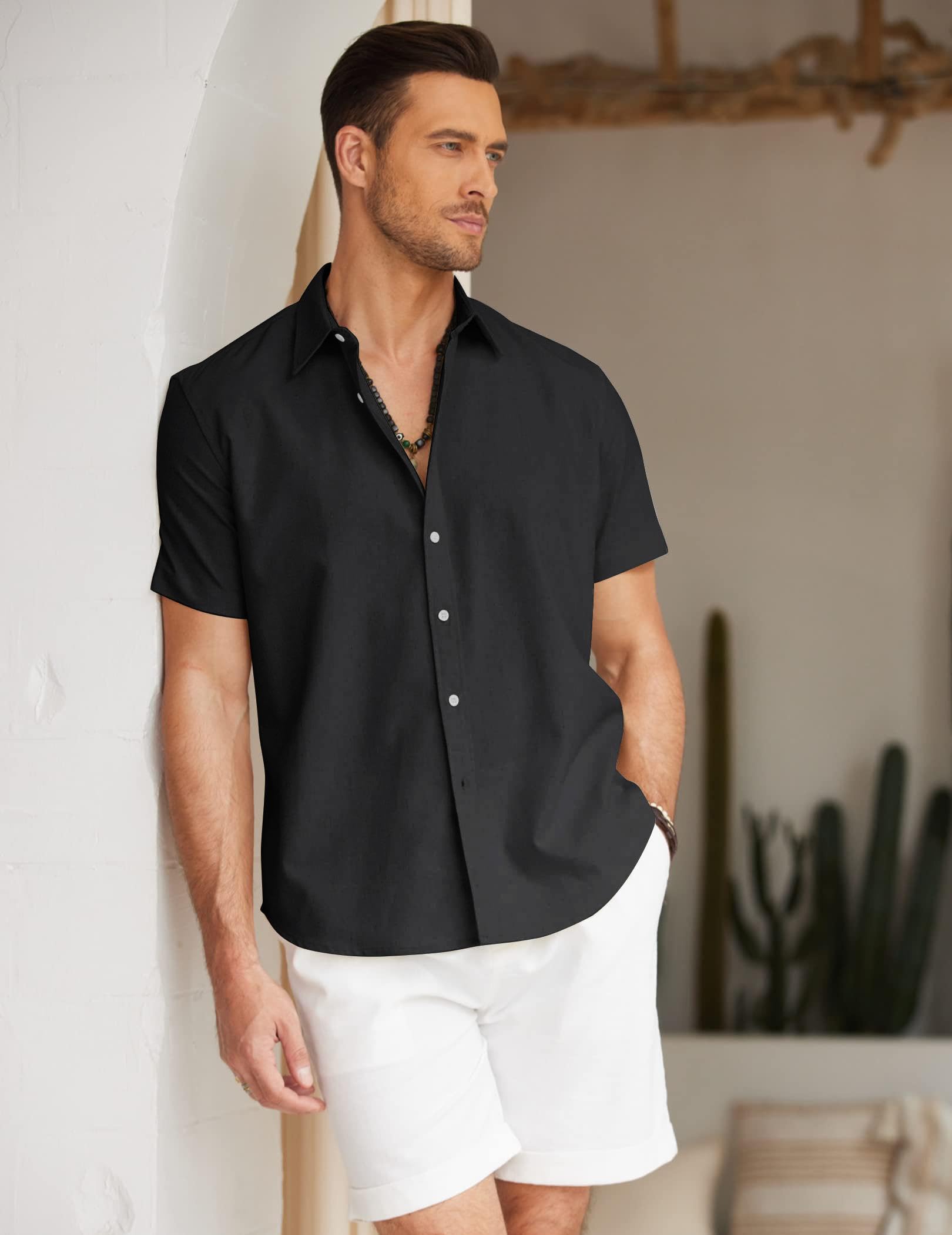 COOFANDY Men's Linen Cotton Casual Button Down Shirt Slim Fit Free Wrinkle Beach Shirt Black