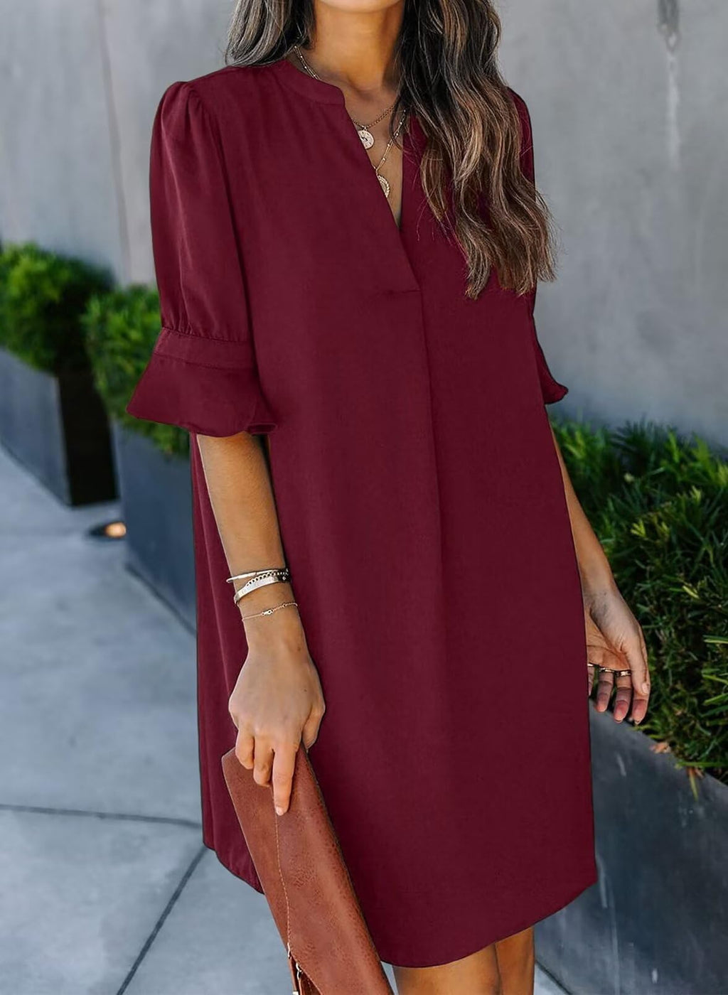 QACOHU Women's Ruffle Short Sleeve V-Neck Straight Casual Casual Elegant Solid Color Simple Dress Red Wine L