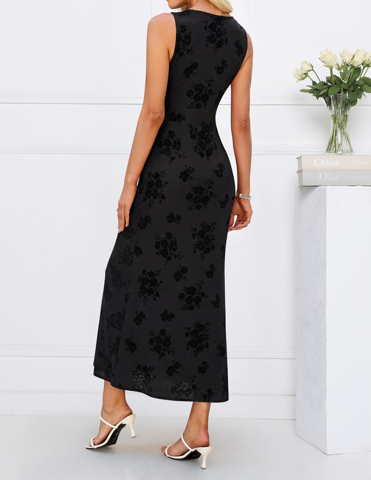 MEROKEETY Women's Summer Sleeveless Floral Bodycon Maxi Dress 2026 Elegant Formal V Neck Wedding Guest Cocktail Party Dresses, Black, Small