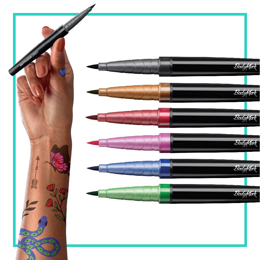 BIC BodyMarkTemporary Tattoo Markers for Skin, Color Collection, Flexible Brush Tip, 6-Count Pack of Assorted Colors, Skin-Safe*, Cosmetic Quality