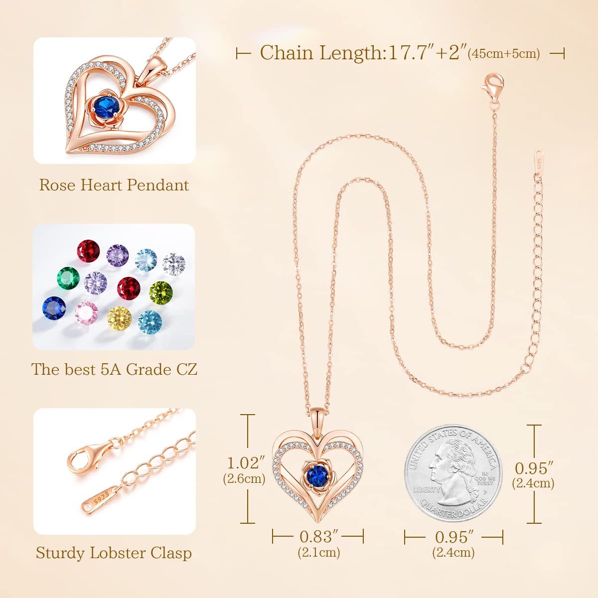 CDE Valentines Day Gifts for Women S925 Silver Rose Gold Heart Birthstone Necklaces for Women，Ideal Anniversary or Birthday Jewelry Gifts for Wife Girlfriend Her