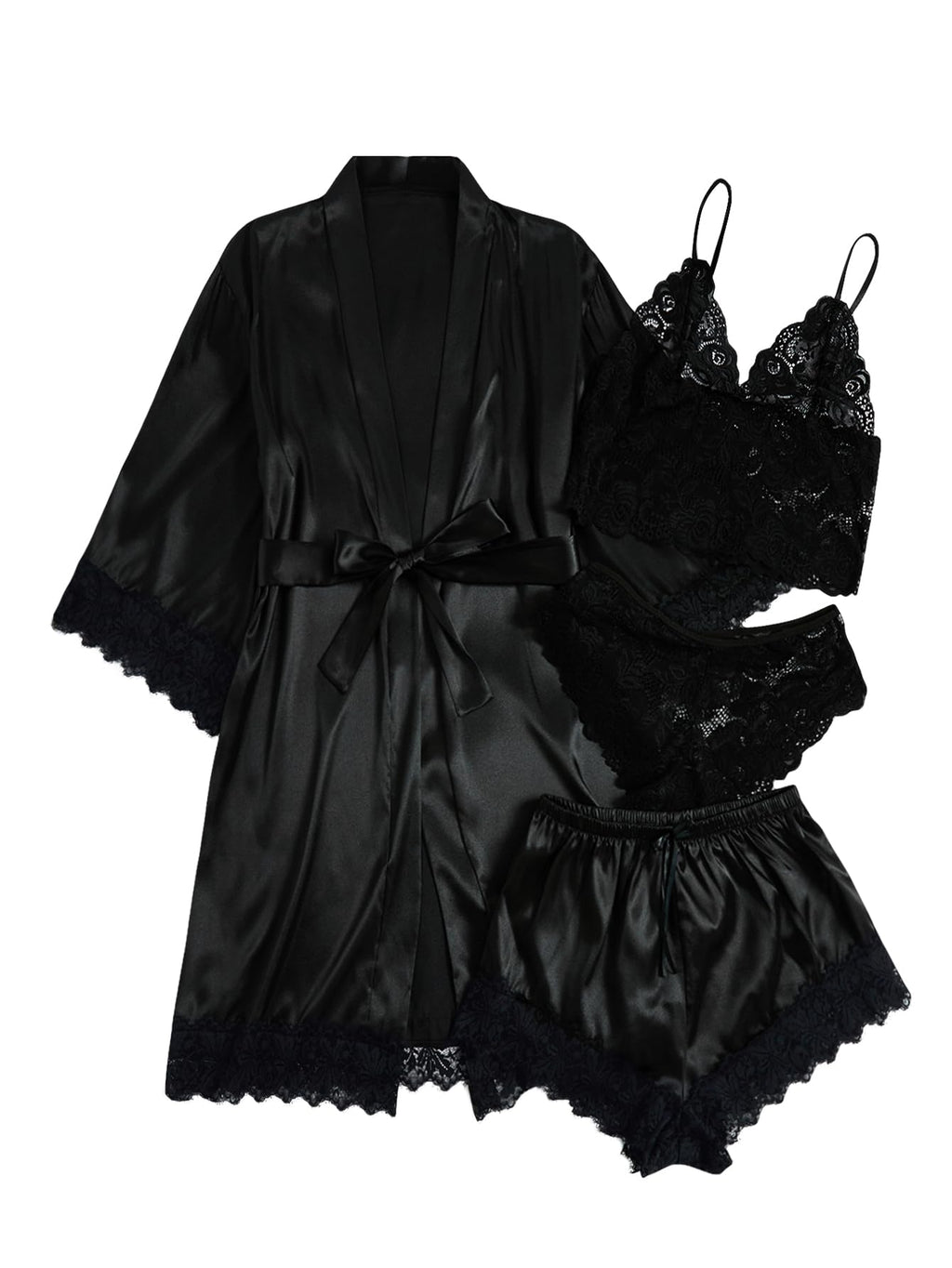 WDIRARA Women' Silk Satin Pajamas Set 4pcs Lingerie Floral Lace Cami Sleepwear with Robe Black Belted XXL