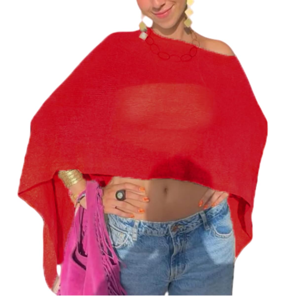 Women Sheer Poncho Top Lightweight Knit Crochet Shrug Bolero Mesh Batwing Sleeve Sweater Cover Up Beachwear