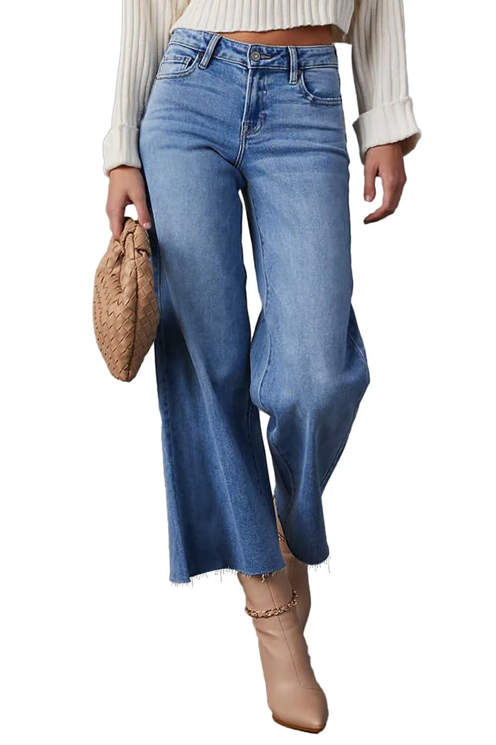 Allimy Womens High Waisted Capri Pants Wide Leg Pants Woman Cropped Jeans Baggy Barrel Jeans for Women Trendy Denim Blue Size 8