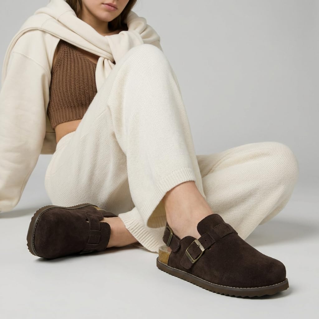 CUSHIONAIRE Brooklyn Suede Womens Slides– Comfortable Clog Mules with Adjustable Buckles – Summer Shoes for Women,CHOCOLATE 11W