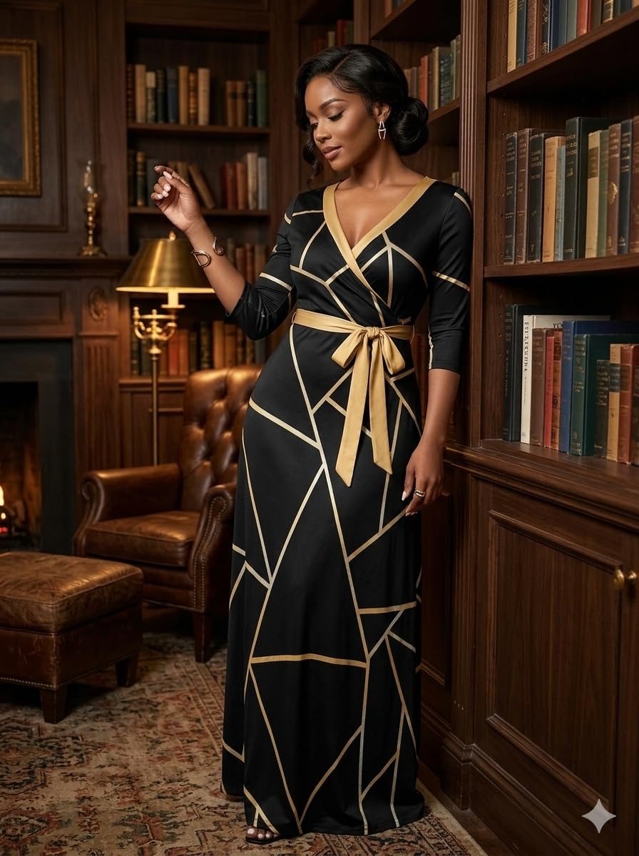 PinkPatty Plus Size Maxi Dress for Women 3/4 Sleeve V Neck Long Dress Casual Party Sundress with Belt (A-Gold-Striped Patchwork/Black 2XL)