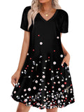 WIHOLL Dresses for Women 2026 Elegant Classy Wedding Guest Fall Summer Outfits Travel Cruise Graduation Cocktail Party Casual V Neck Short Sleeve Swing Swing Sun Dress Black Floral L
