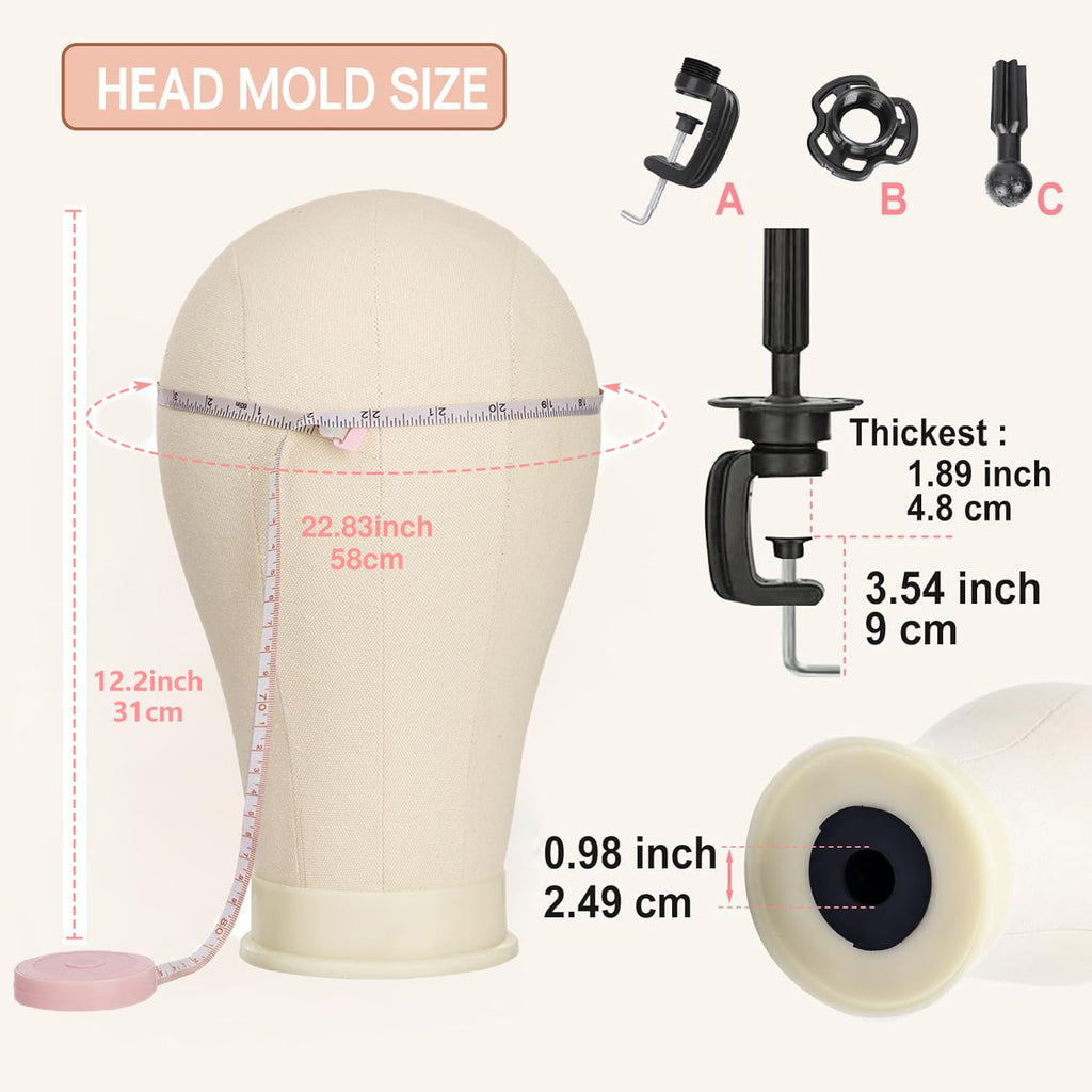 SZCY LLC 23 Inch Canvas Block Wig Head, 47 Inch Wig Stand Tripod with Head, Mannequin Head for Wigs Display with Wig Caps, T C Pins Brush