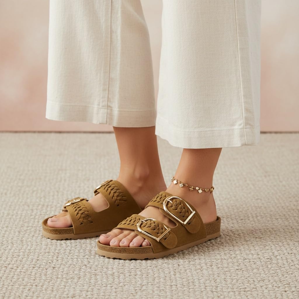CUSHIONAIRE Cashew Slip On Womens Sandals, Genuine Suede Leather Braided Double Strap Slide On Sandals with Adjustable Big Buckle for Women 2026, Chestnut 8