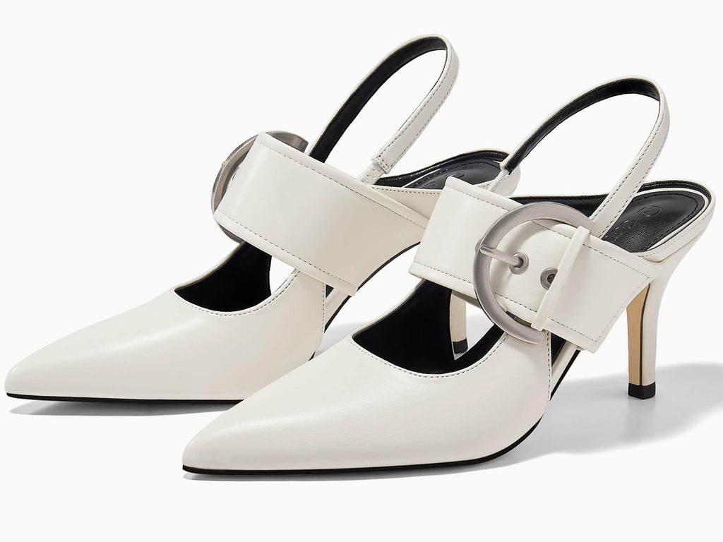 Coutgo Womens Slingback Pumps Closed Pointed Toe High Heels Belt Buckle Strap Dressy Work Shoes, Beige, Size 8.5