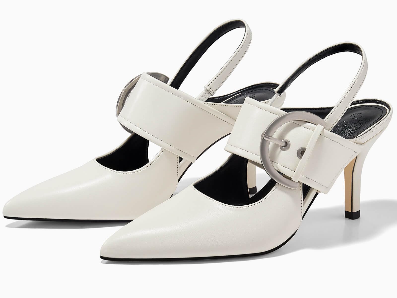 Coutgo Womens Slingback Pumps Closed Pointed Toe High Heels Belt Buckle Strap Dressy Work Shoes, Beige, Size 8.5