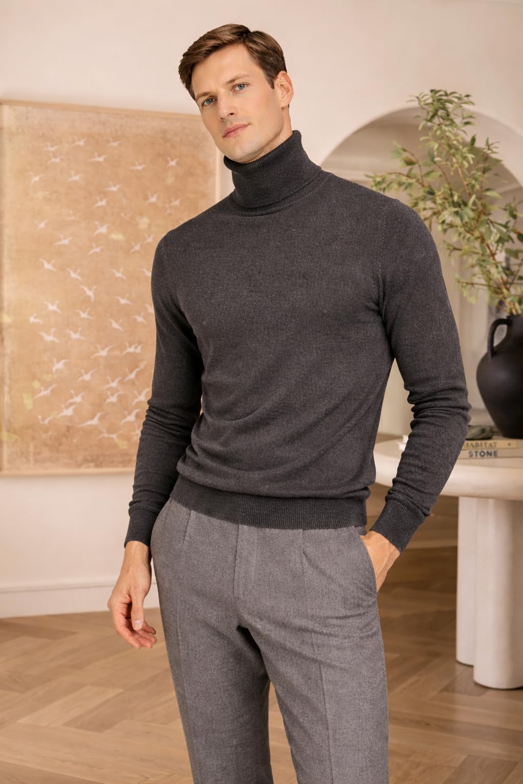State Cashmere Men's Essential Turtleneck Sweater 100% Pure Cashmere Classic Long Sleeve Pullover (City Smoke, Large)