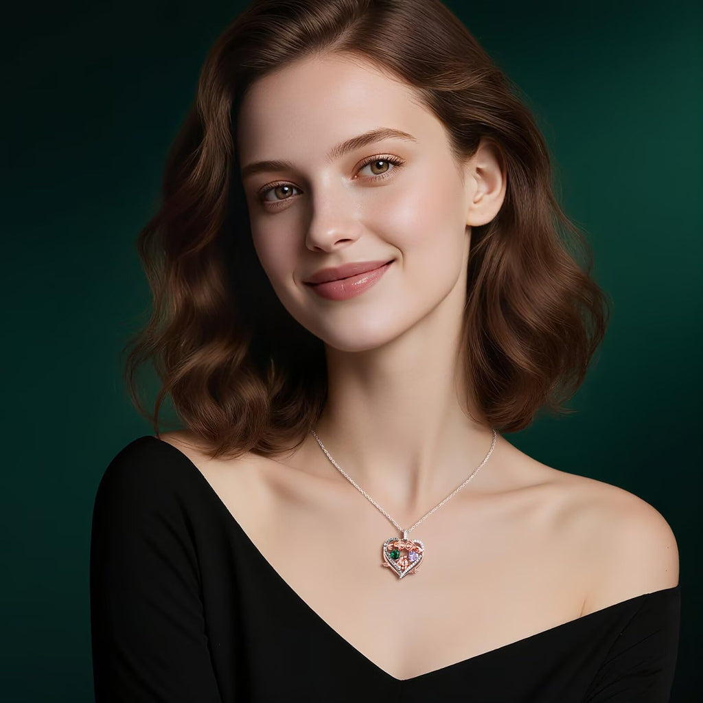 Iefil Jewelry for Women - Rose Heart Birthstone Necklace, April May Birthstone Necklace, Emerald Green Jewelry, Heart Necklaces for Women