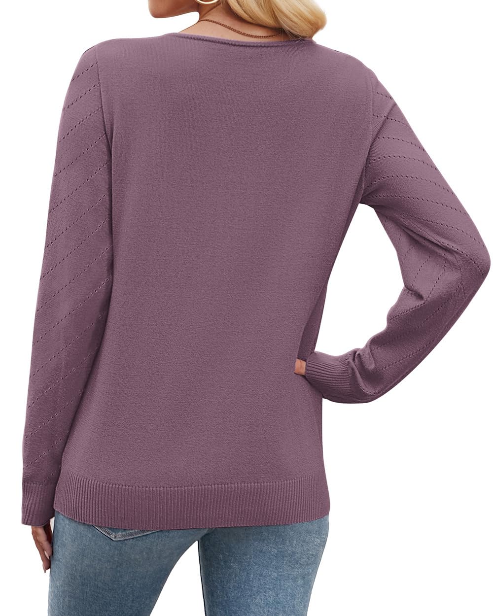 WIHOLL Womens Sweaters Dressy Casual Lightweight Long Sleeve Trendy Fall Tops V Neck Business Casual Outfits Travel Vacation Clothes Soft Cozy Warm Knit Spring Outfits Pullovers Grey Purple M