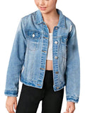 WDIRARA Girl's Ripped Flap Pocket Button Front Long Sleeve Collared Denim Jacket Medium Wash 13Y