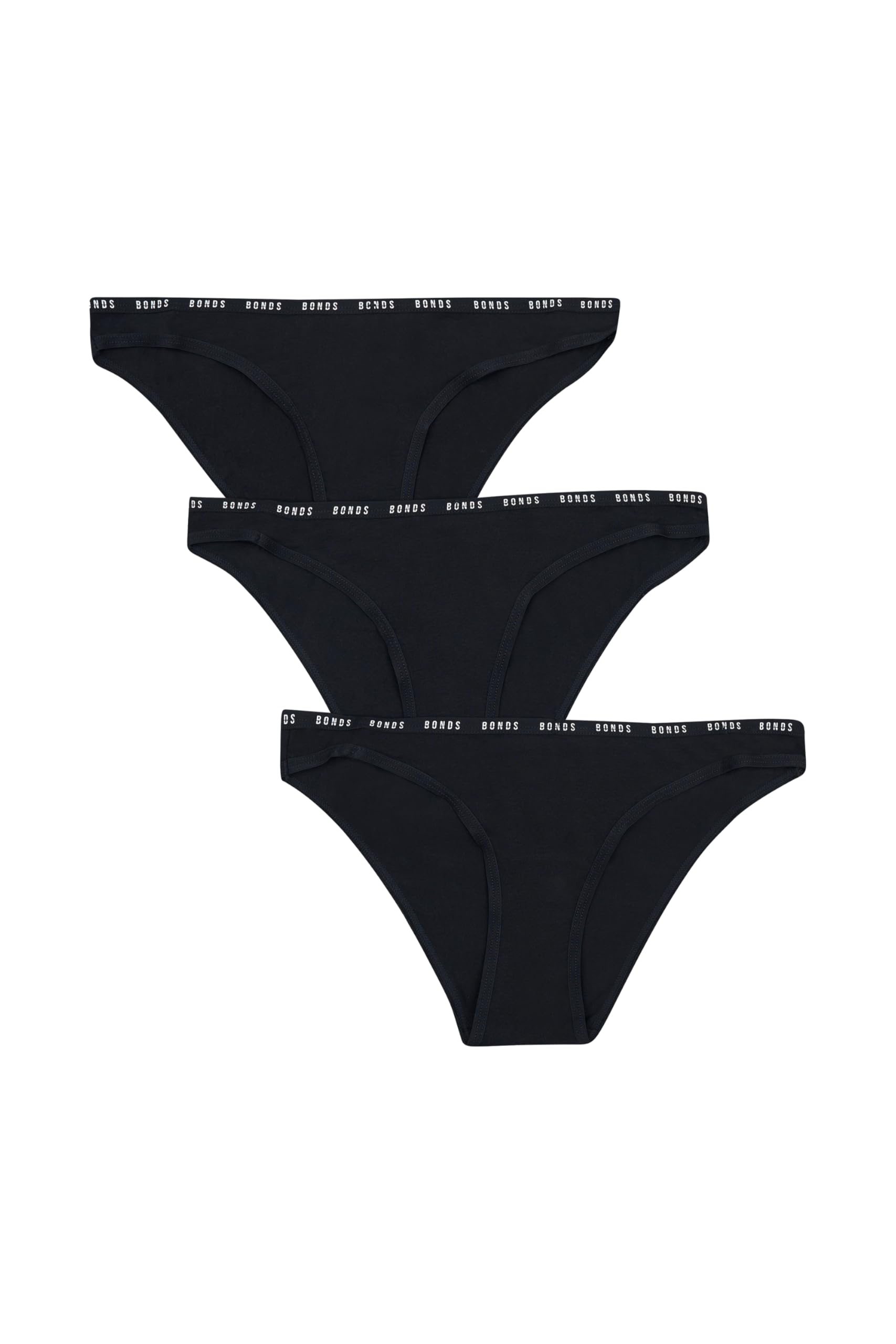 Bonds Women’s High-Cut Bikini Panties 3-Pack – Stretch Cotton-Blend, Soft Everyday Comfort Black/Black/Black