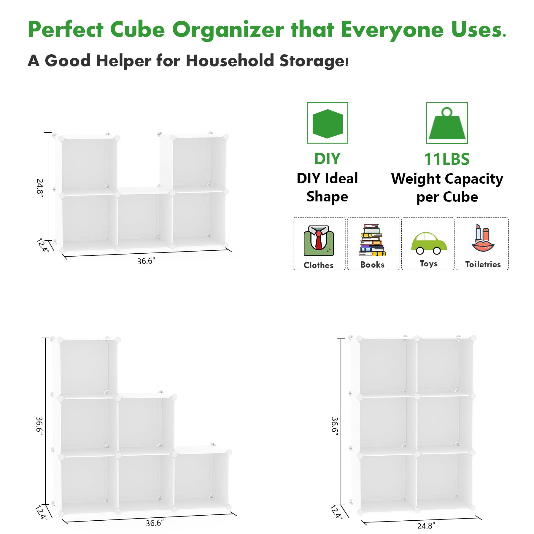 C&AHOME 6-Cube Storage Organizer, Stackable Storage Cubes Shelves, Portable Bookshelf, Plastic Clothing Storage Closet Organizer, DIY Modular Shelving Units for Wardrobe, Home, Milky