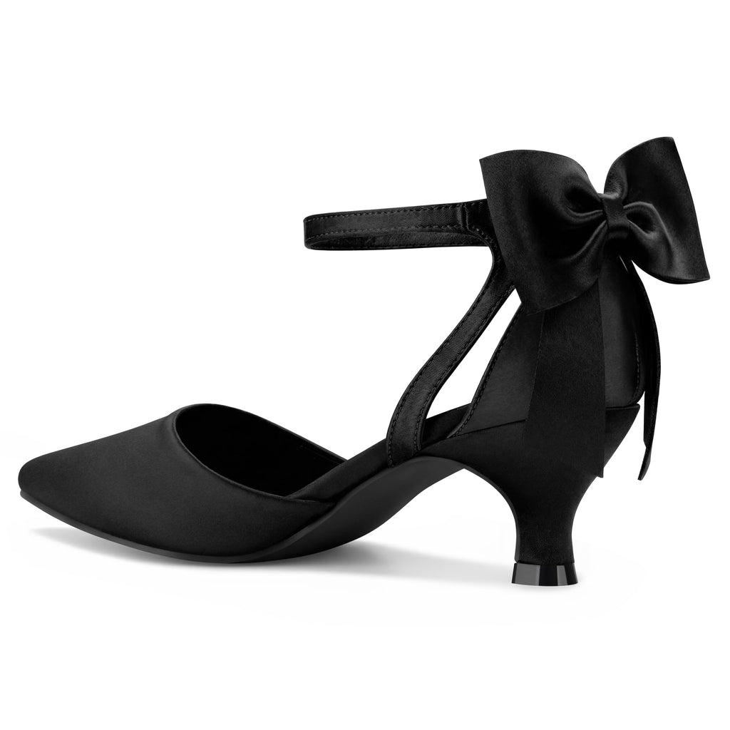 Carcuume Women's Kitten Heels with Bow Closed Toe Pumps Ankle Strap Wedding Shoes, Beni-Black Satin-8