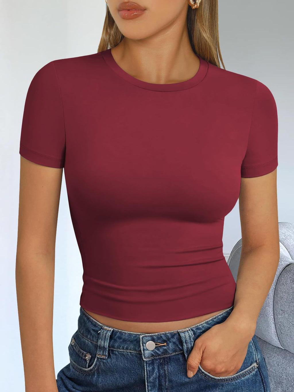 Trendy Queen Womens Short Sleeve T Shirts - Buttery Soft Summer Crop Tops Slim Fit Y2k Basic Tees for Workout Burgundy M