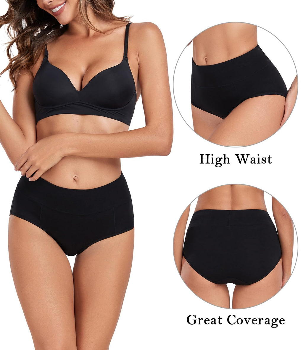 wirarpa Women's Cotton Underwear High Waist Stretch Briefs Soft Underpants Ladies Full Coverage Panties 5 Pack Dark Black X-Large