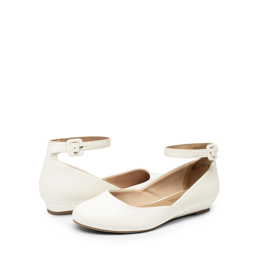 DREAM PAIRS Women's Dress Flats Ballet Low Wedge Round Toe Ankle Strap Comfortable Casual Flats Shoes,Size 7.5,White/Pu,REVONA