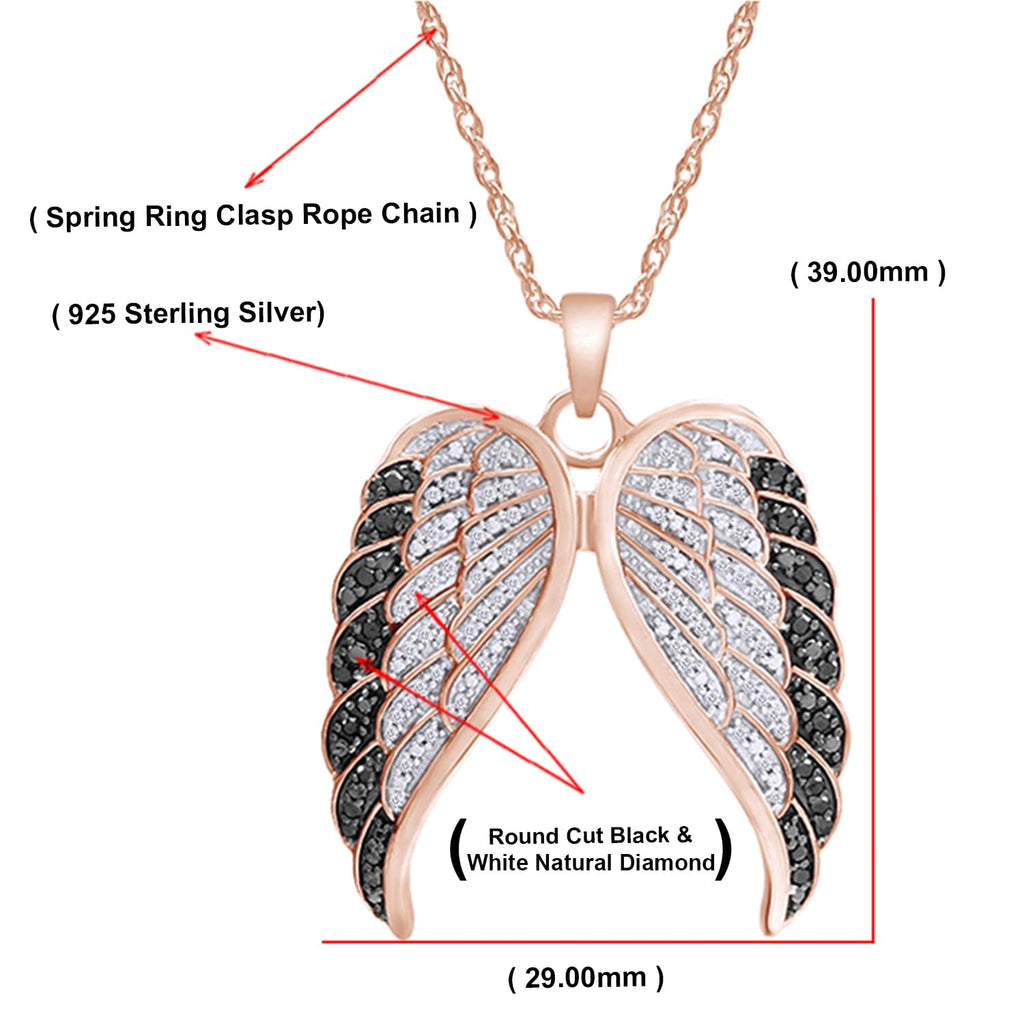 AFFY 1/2 Carat Round Cut White & Enhanced Black Natural Diamond Angel Wings Pendant Necklace In 14k Rose Gold Over Sterling Silver (0.50 Cttw) With 18" Chain