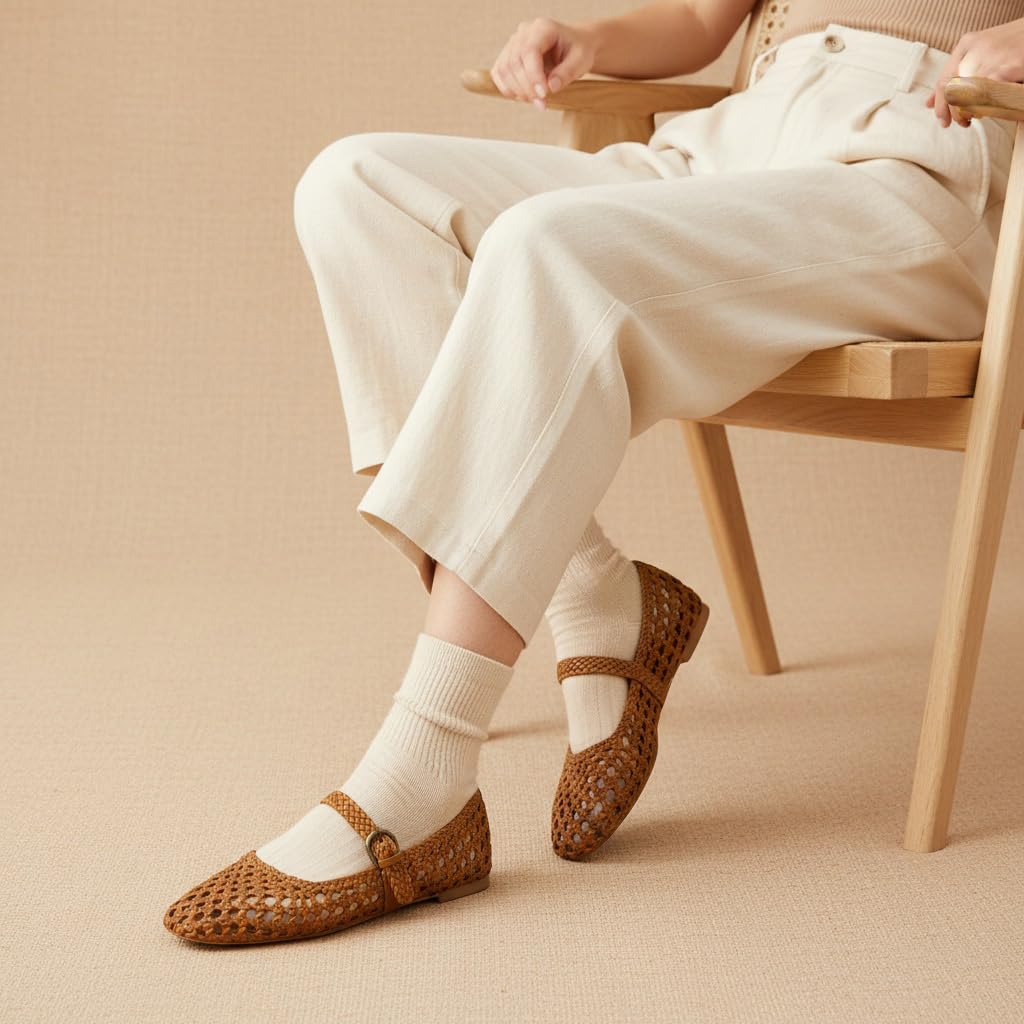 CUSHIONAIRE Weston Hand Woven Mary Jane Flats for Women, Comfortable Dressy Ballet Flats with Braided Adjustable Buckle and Memory Foam Cushioning, Cognac 8.5