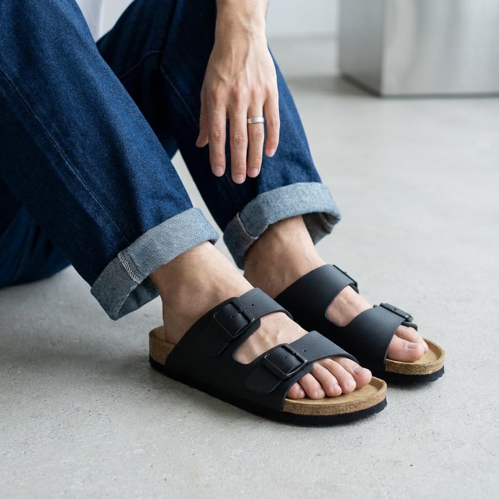 CUSHIONAIRE Lane Cork Footbed Mens Sandals, Adjustable Buckle Comfort Slides for Men, Genuine Leather Insole Summer Sandals Men Footwear, BLACK 10