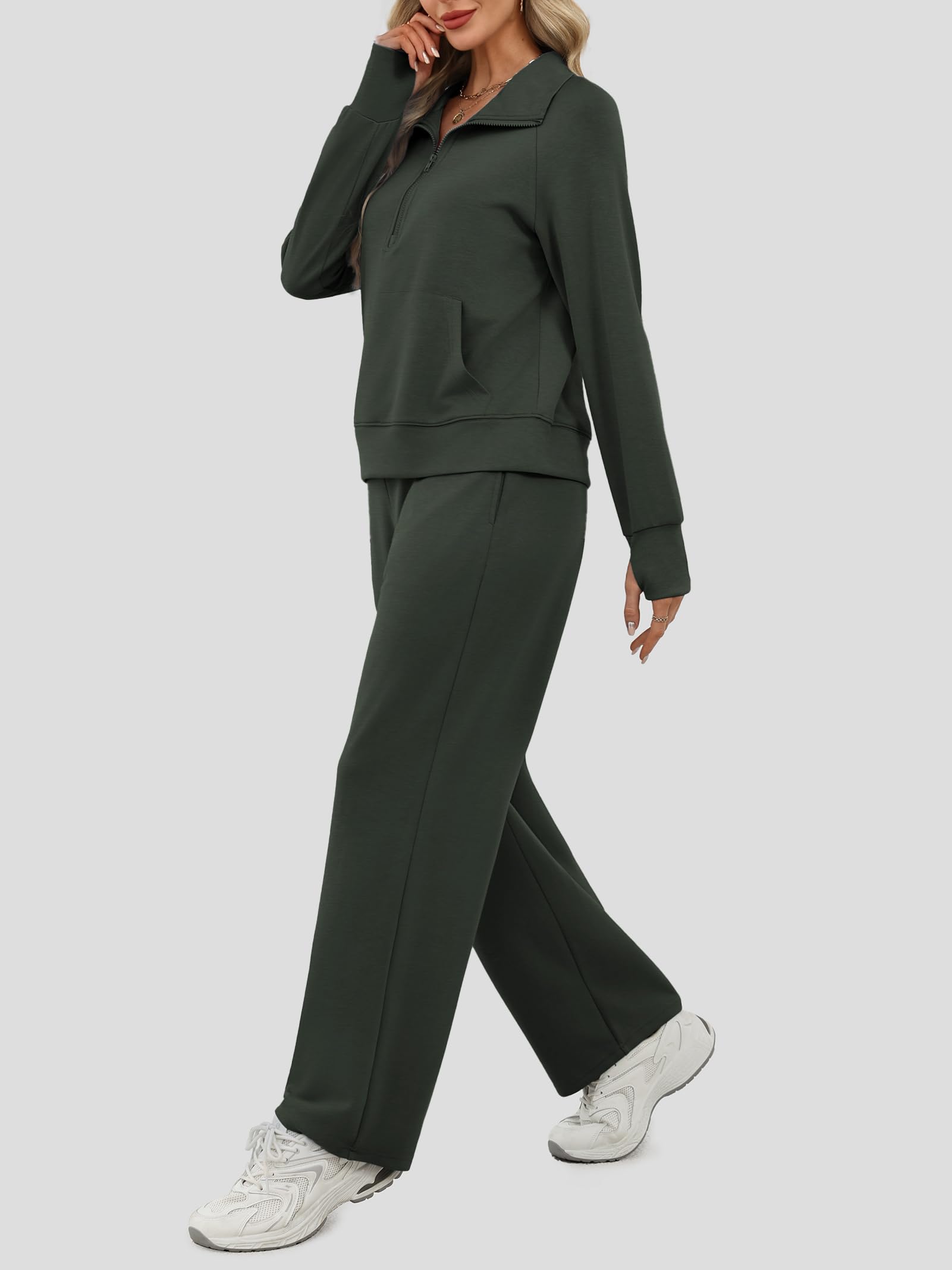 Casly Lamiit Two Piece Lounge Set for Women Matching Casual Sweatsuit Winter Long Sleeve Half Zip Sweatshirt Wide Leg Pants Travel Outfits Airport Athleisure Clothes Dark Grey Green M
