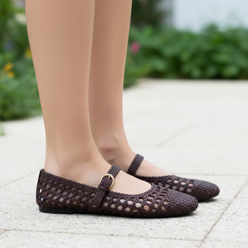 CUSHIONAIRE Windsor Woven Womens Flats with Adjustable Strap – Comfortable Mary Jane Ballet Flats for Women, Brown 10W