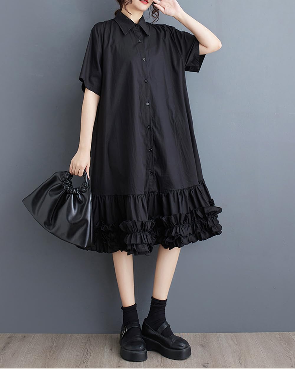 ellazhu Women's Shirt Dress Button Down Lapel Short Sleeve Ruffle Hem Oversize Loose Casual Solid GZ183 Black