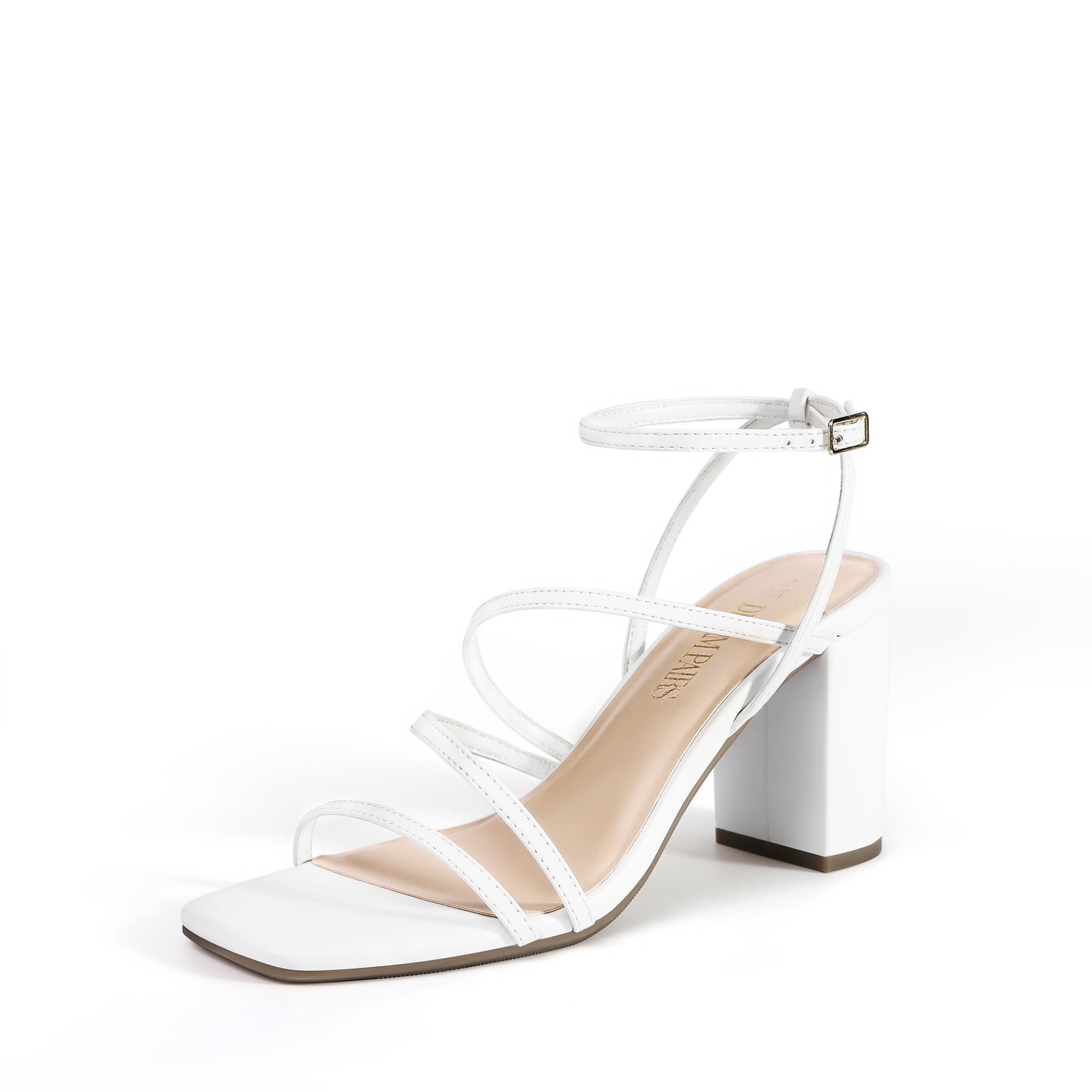 DREAM PAIRS Women's Heels Chunky Block Strappy Square Open Toe Ankle Buckle Heeled Sandals Wedding Party Dress Shoes Indie,Size 9,White,SDHS2428W