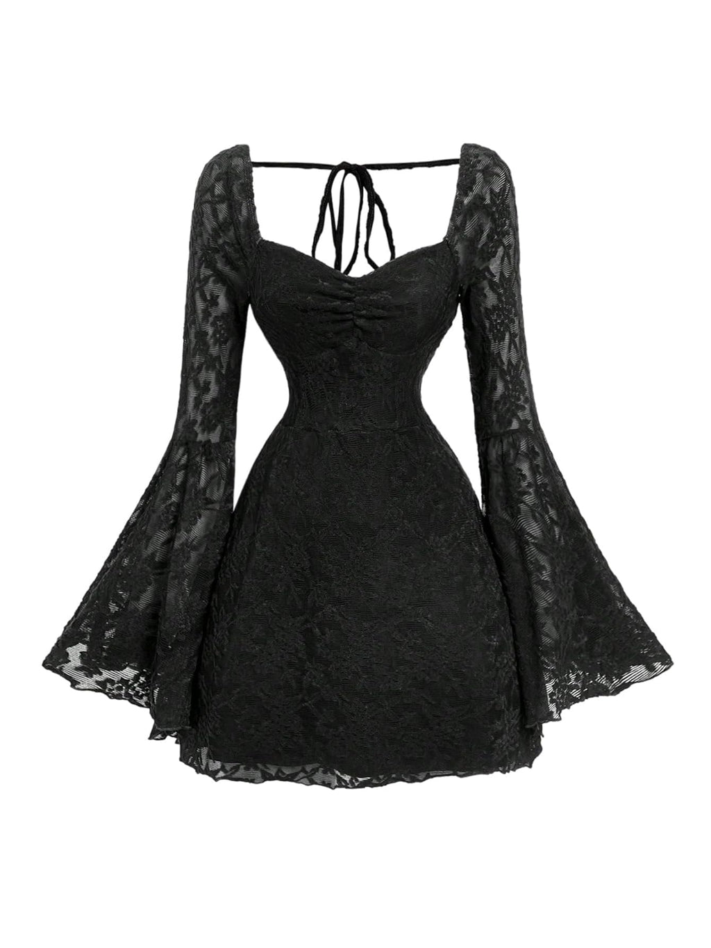 WDIRARA Women's Floral Jacquard Mesh Gothic Dress Bell Long Sleeve A Line Vintage Dresses Deep Black Medium