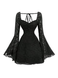 WDIRARA Women's Floral Jacquard Mesh Gothic Dress Bell Long Sleeve A Line Vintage Dresses Deep Black Medium